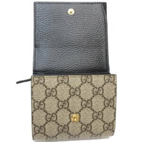 Gucci Compact Flap Wallet GG Marmont Leather Bi fold Black Beige - Picture 5 of 9